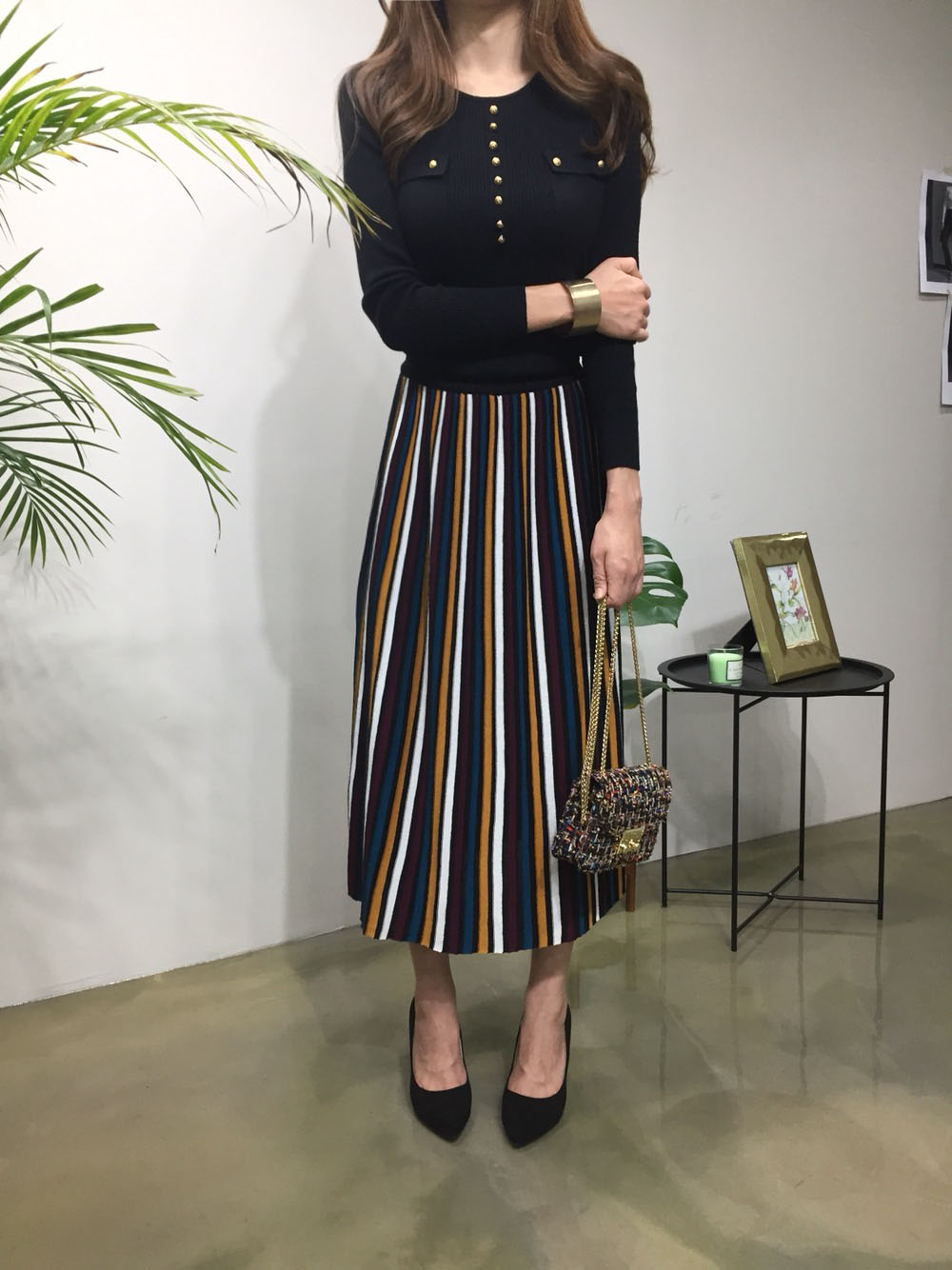 Wrinkled Bending Knit Long Skirt Romantic Look Lux