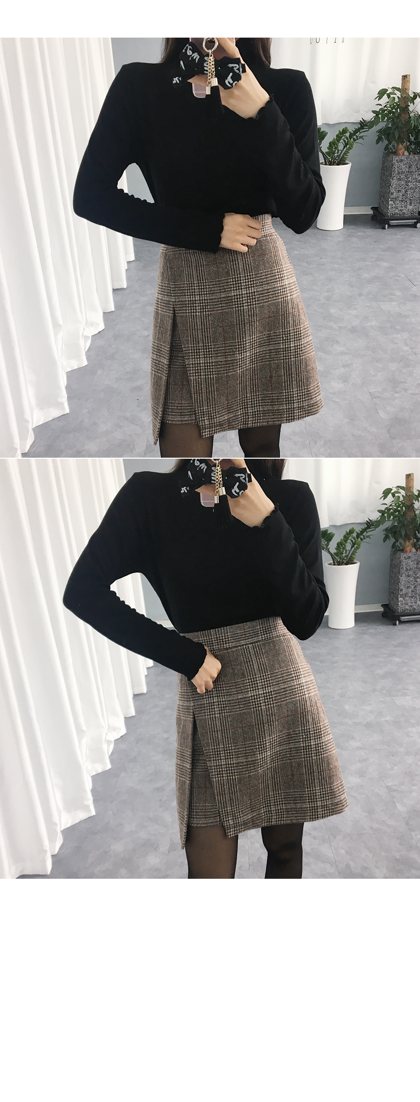 High waist check woolen mini skirt Amber winter fl