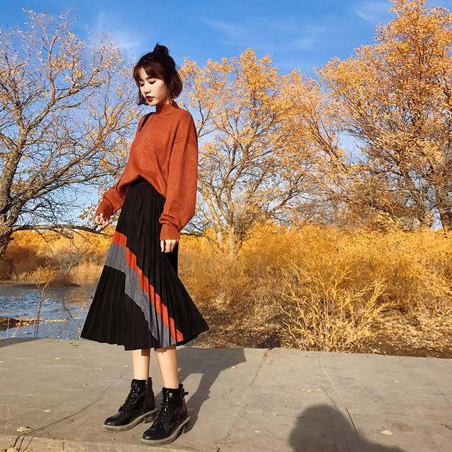 Suede Pleated Long Skirt Fall