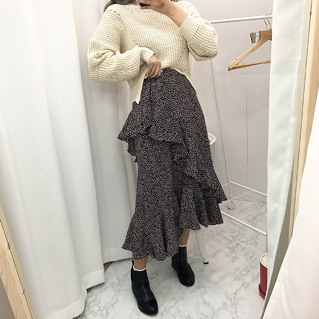 Ruffle pattern chiffon bending long skirt black fa