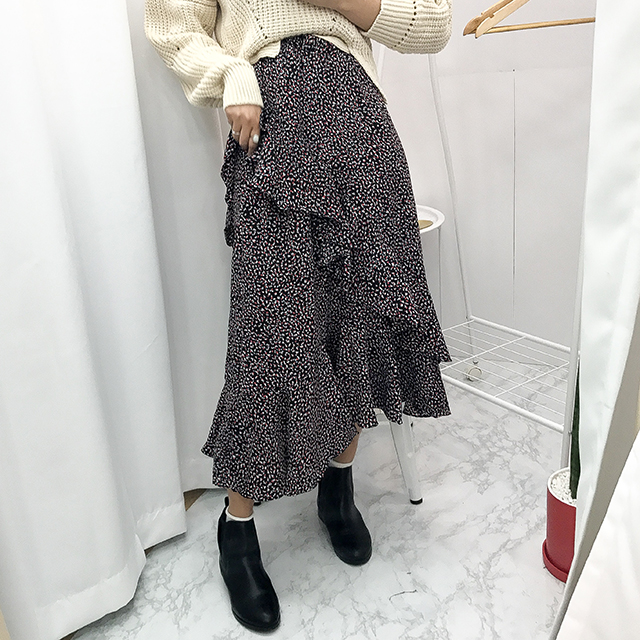 Ruffle pattern chiffon bending long skirt black fa