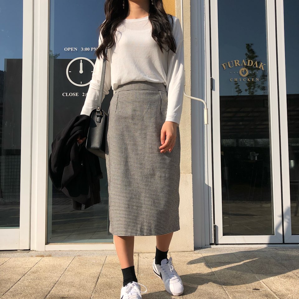 Check skirt long skirt Midi H line Autumn woman Ho