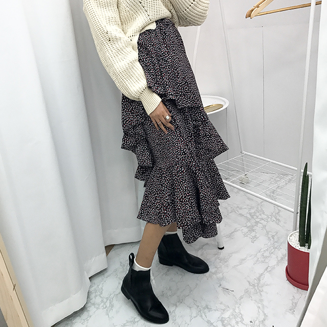 Ruffle pattern chiffon bending long skirt black fa