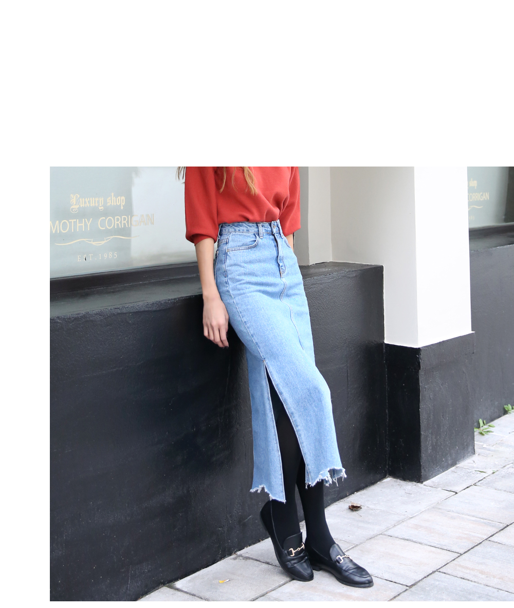 Denim Skirt slit long wash denim blue skirt high w