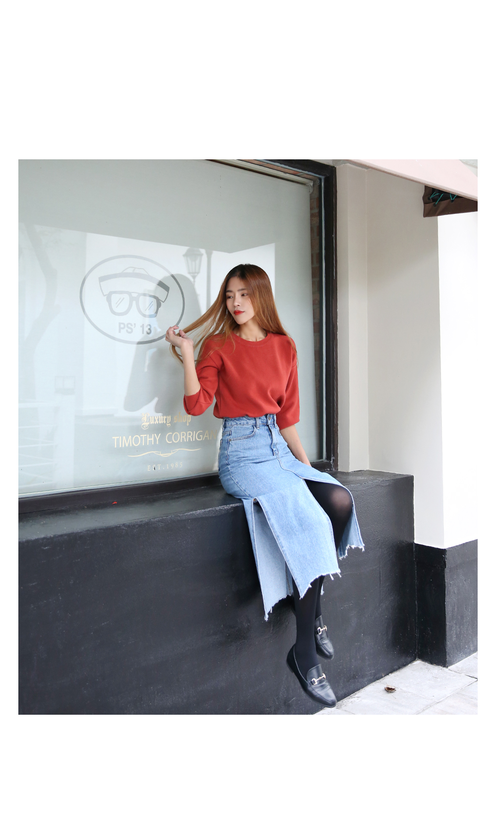 Denim Skirt slit long wash denim blue skirt high w