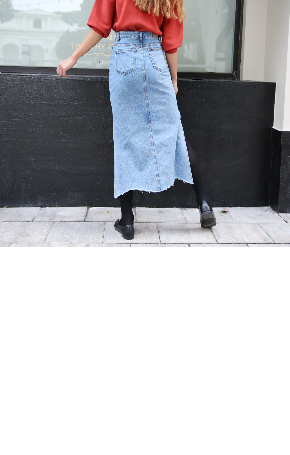 Denim Skirt slit long wash denim blue skirt high w