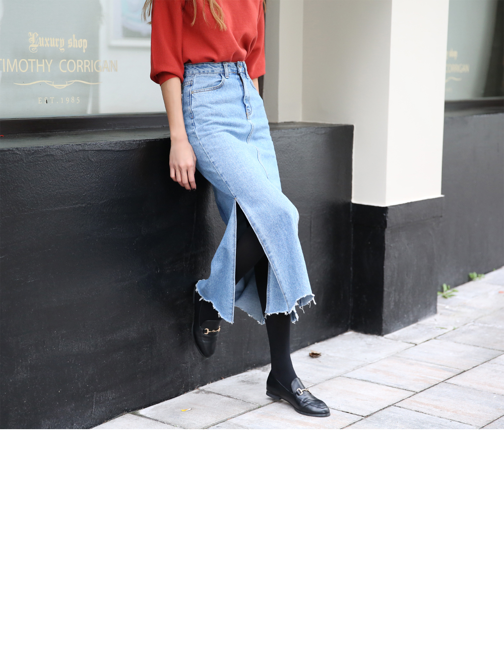 Denim Skirt slit long wash denim blue skirt high w