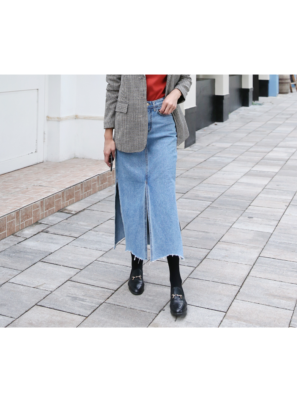 Denim Skirt slit long wash denim blue skirt high w