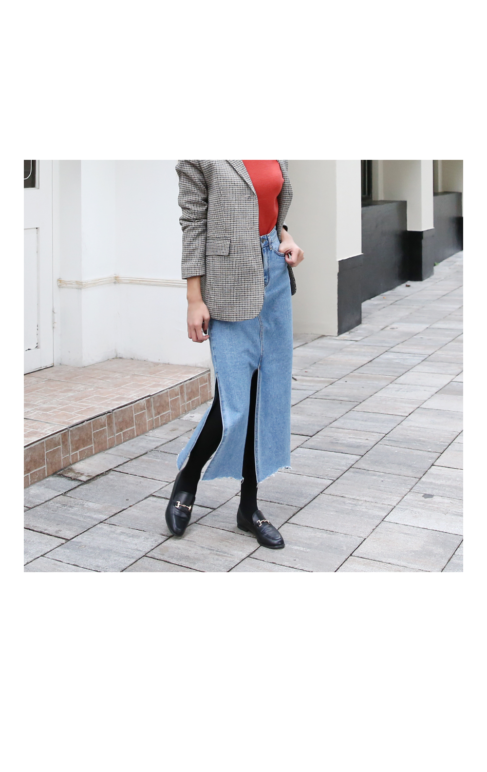 Denim Skirt slit long wash denim blue skirt high w