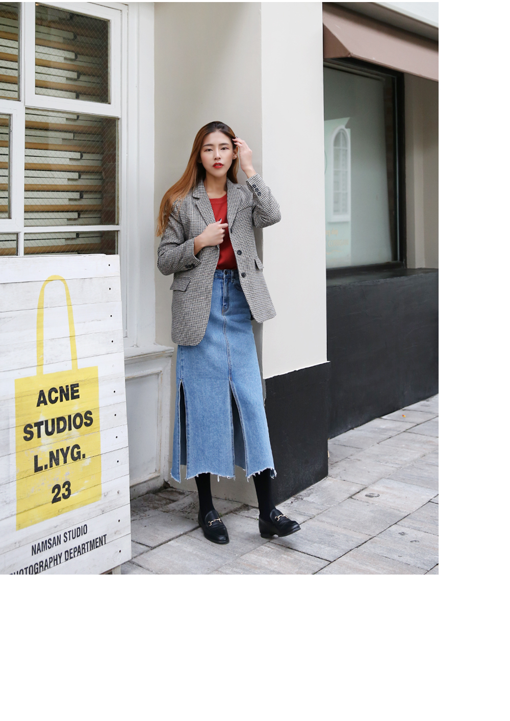 Denim Skirt slit long wash denim blue skirt high w
