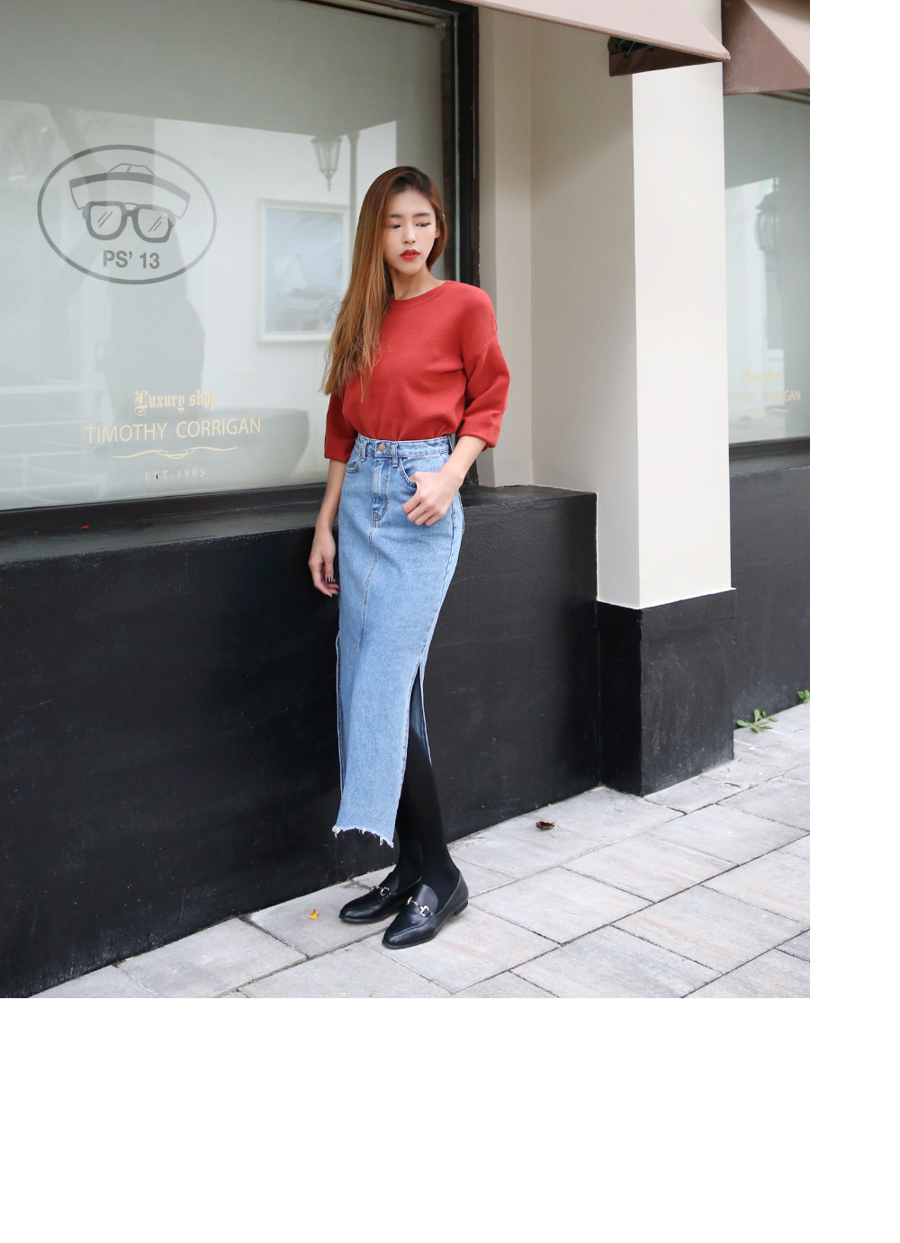 Denim Skirt slit long wash denim blue skirt high w