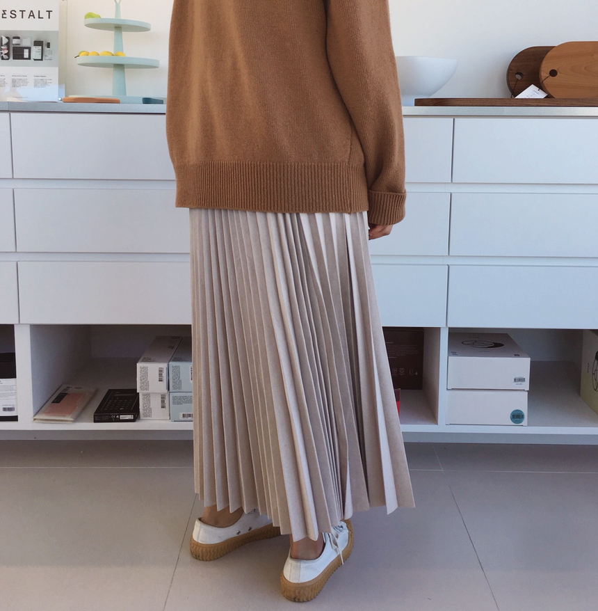Autumn Suede Flare Pleated Long Skirt _ SOMMY MONT