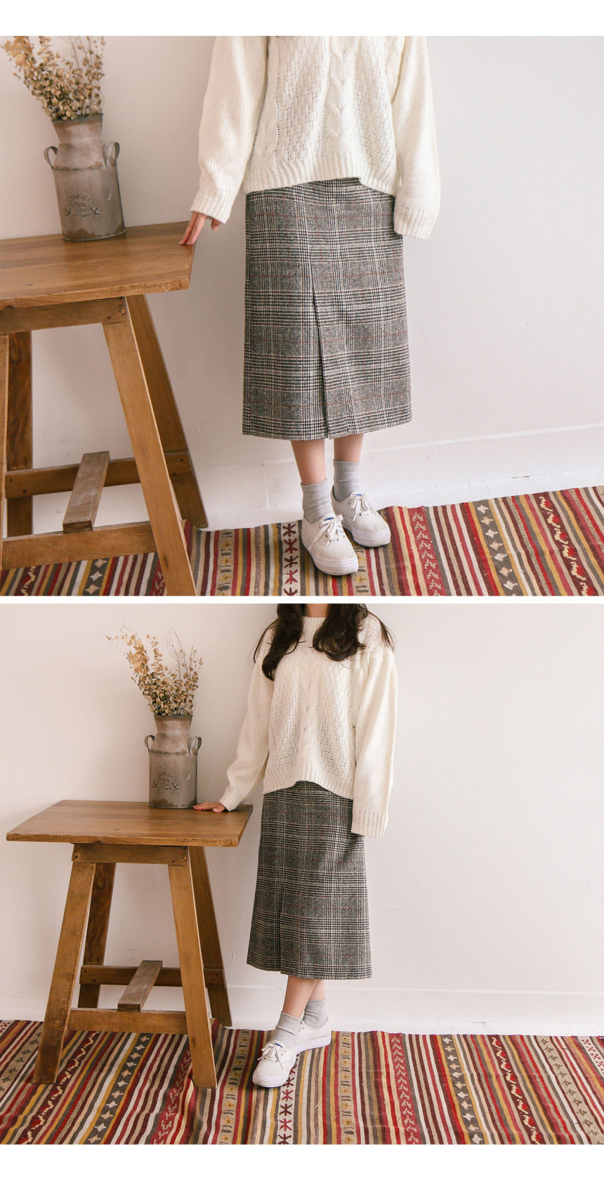 Martin front banding wool check long skirt winter 