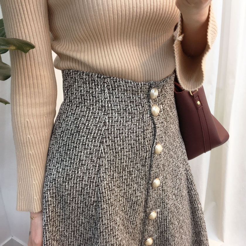 Pearl button tweed long skirt 2col