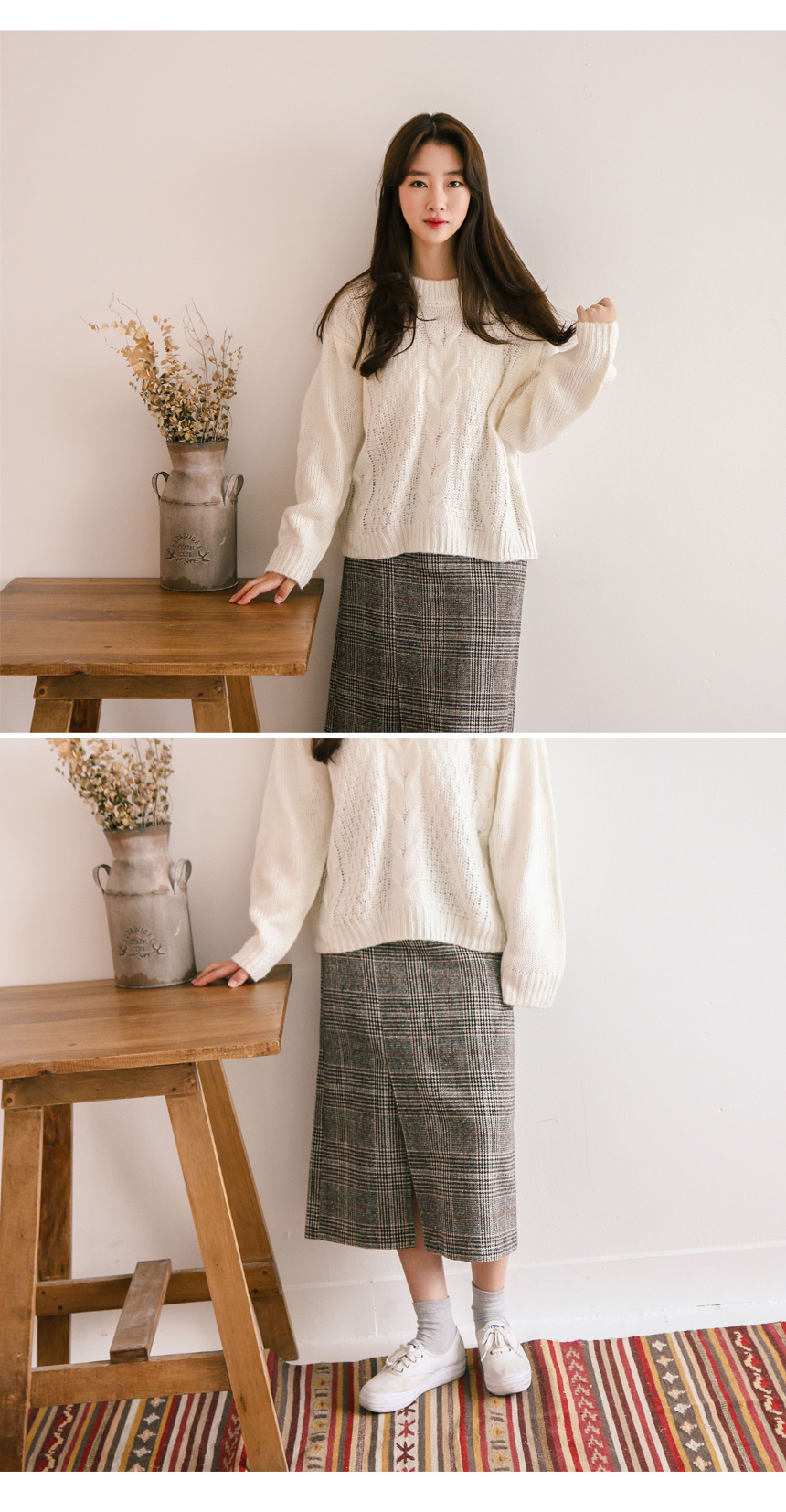 Martin front banding wool check long skirt winter 