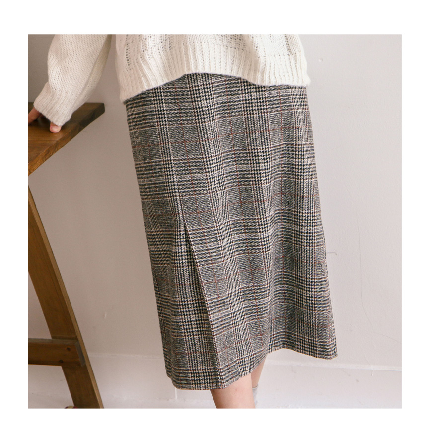 Martin front banding wool check long skirt winter 
