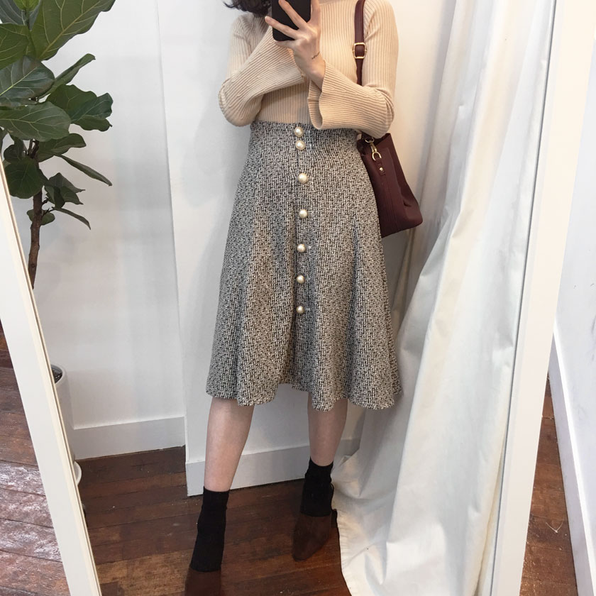 Pearl button tweed long skirt 2col
