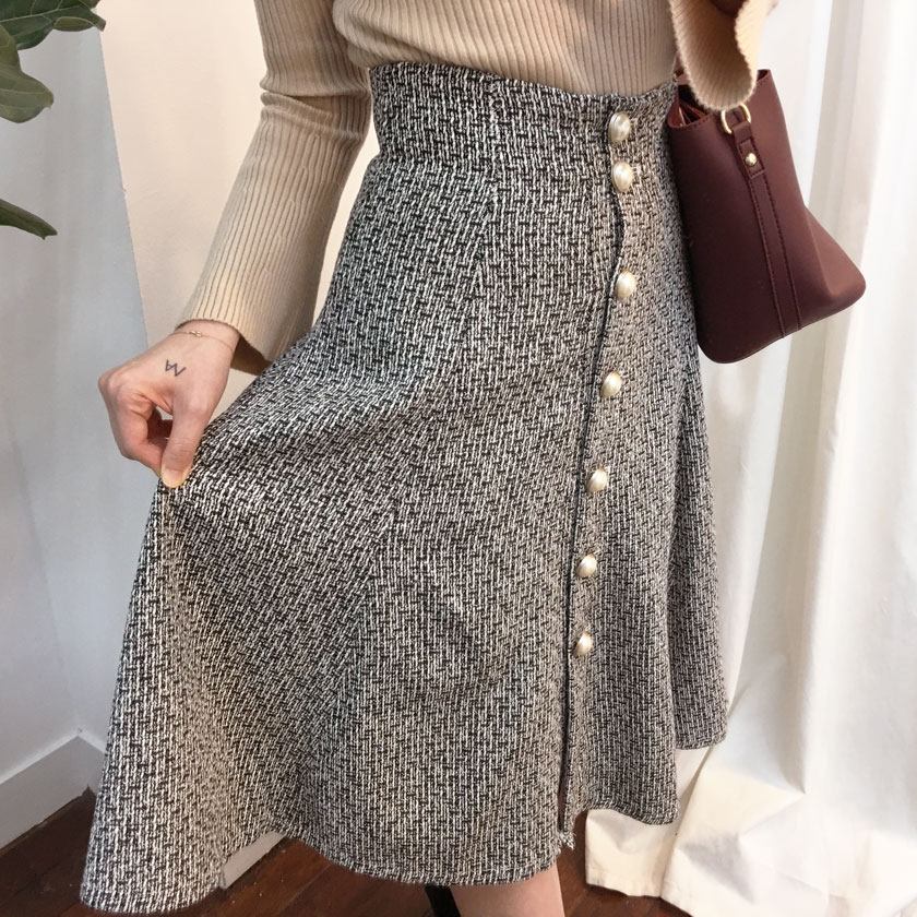 Pearl button tweed long skirt 2col