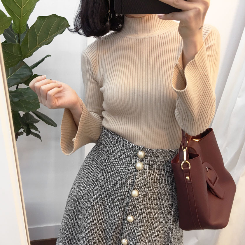 Pearl button tweed long skirt 2col