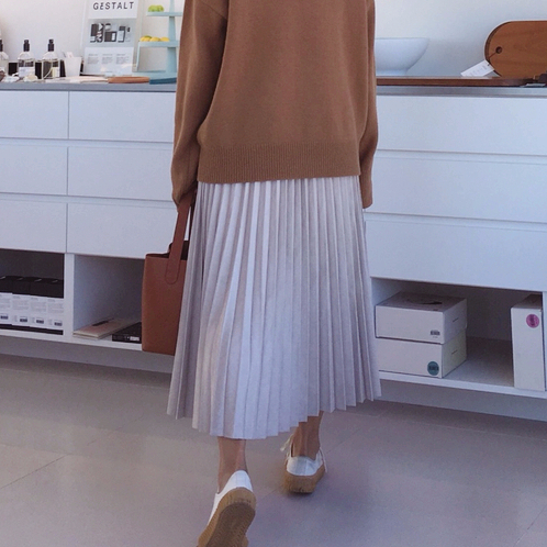 Autumn Suede Flare Pleated Long Skirt _ SOMMY MONT