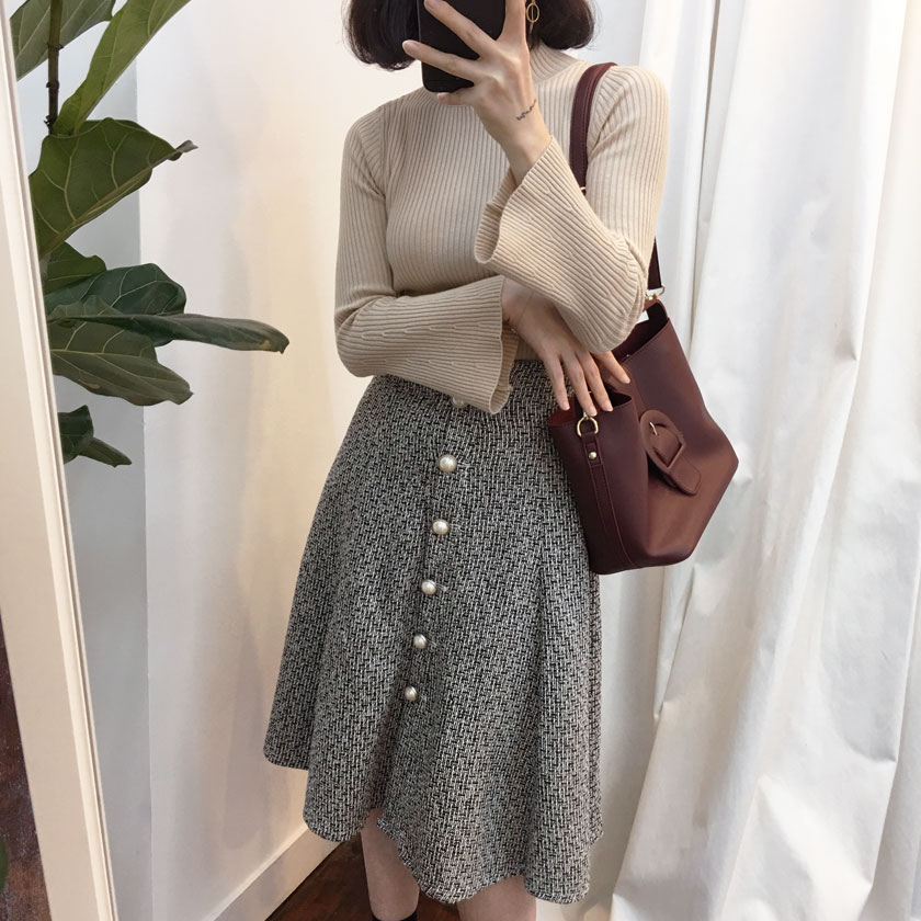 Pearl button tweed long skirt 2col