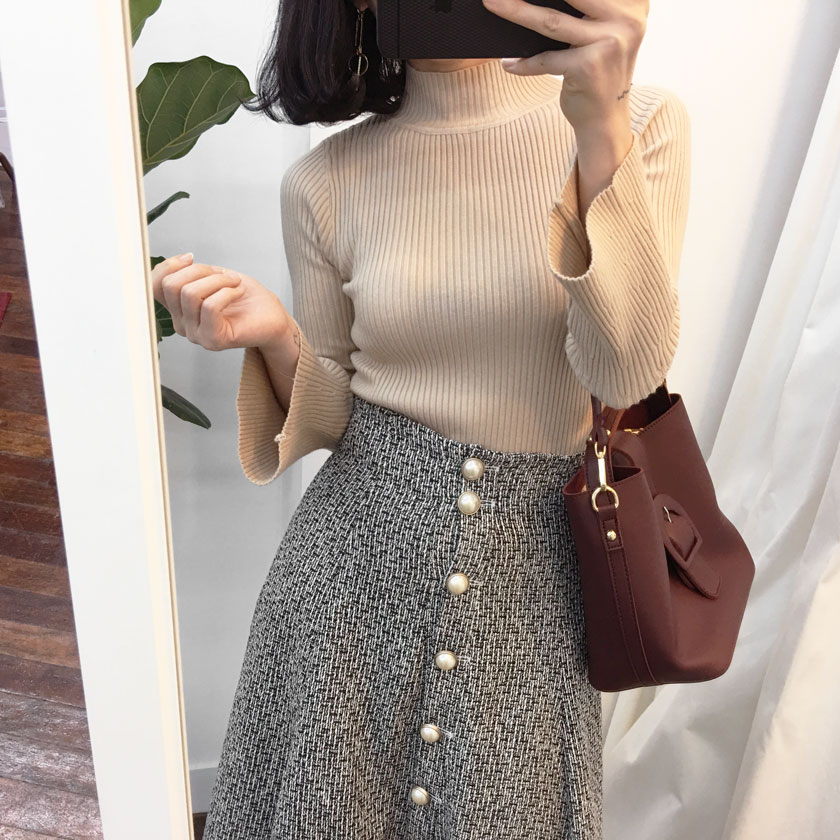 Pearl button tweed long skirt 2col