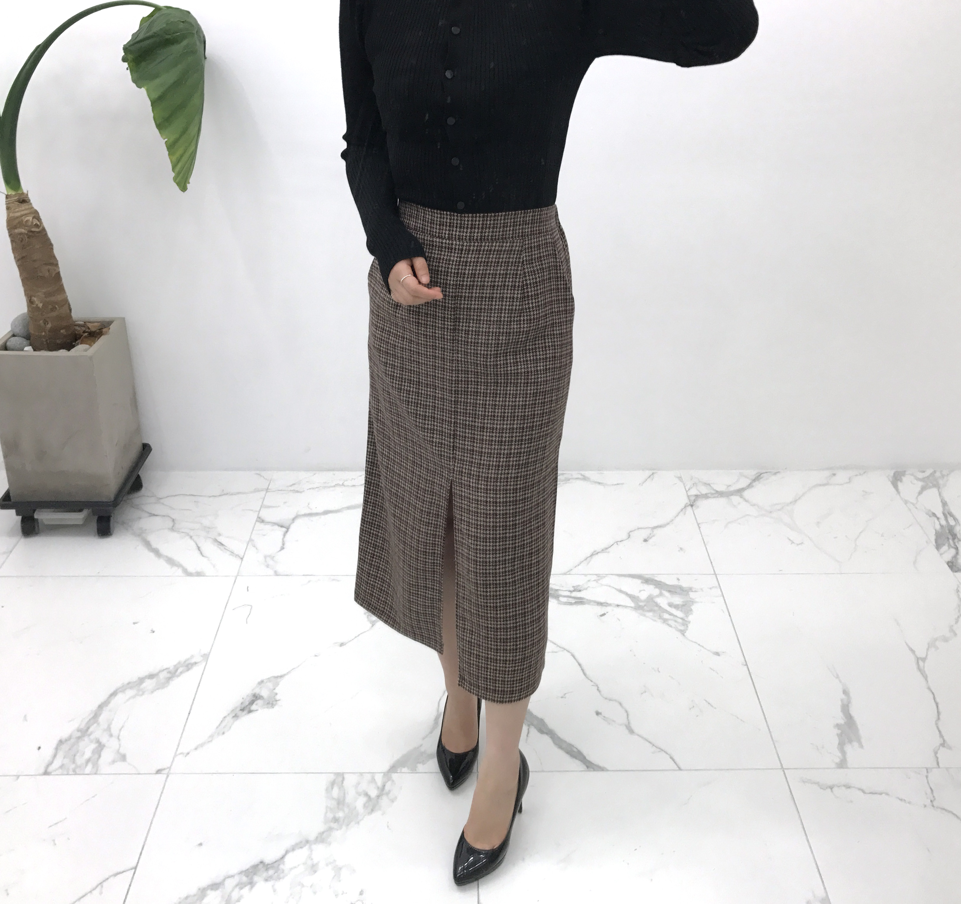 Check woolen trim skirt autumn winter long coordin