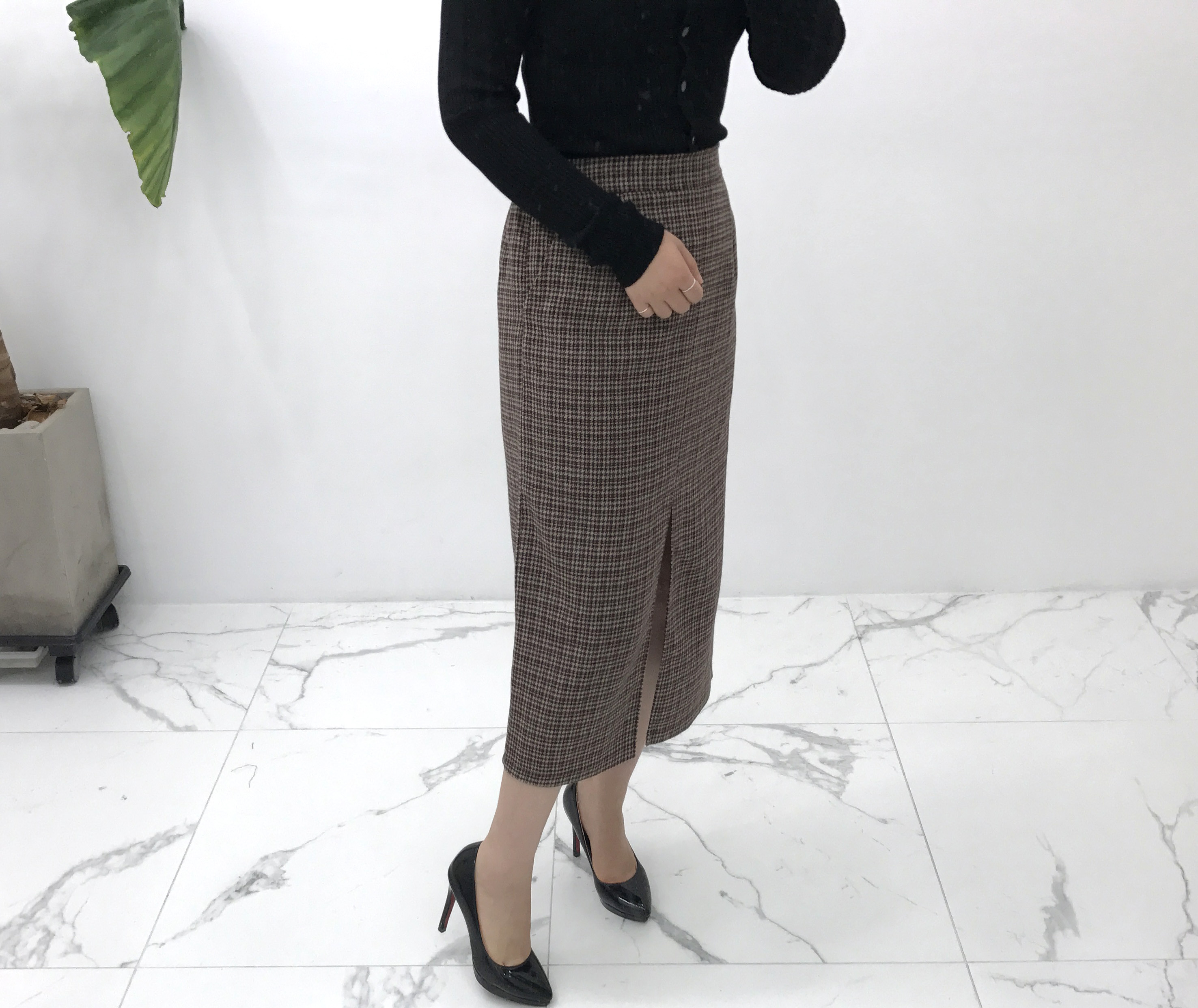 Check woolen trim skirt autumn winter long coordin