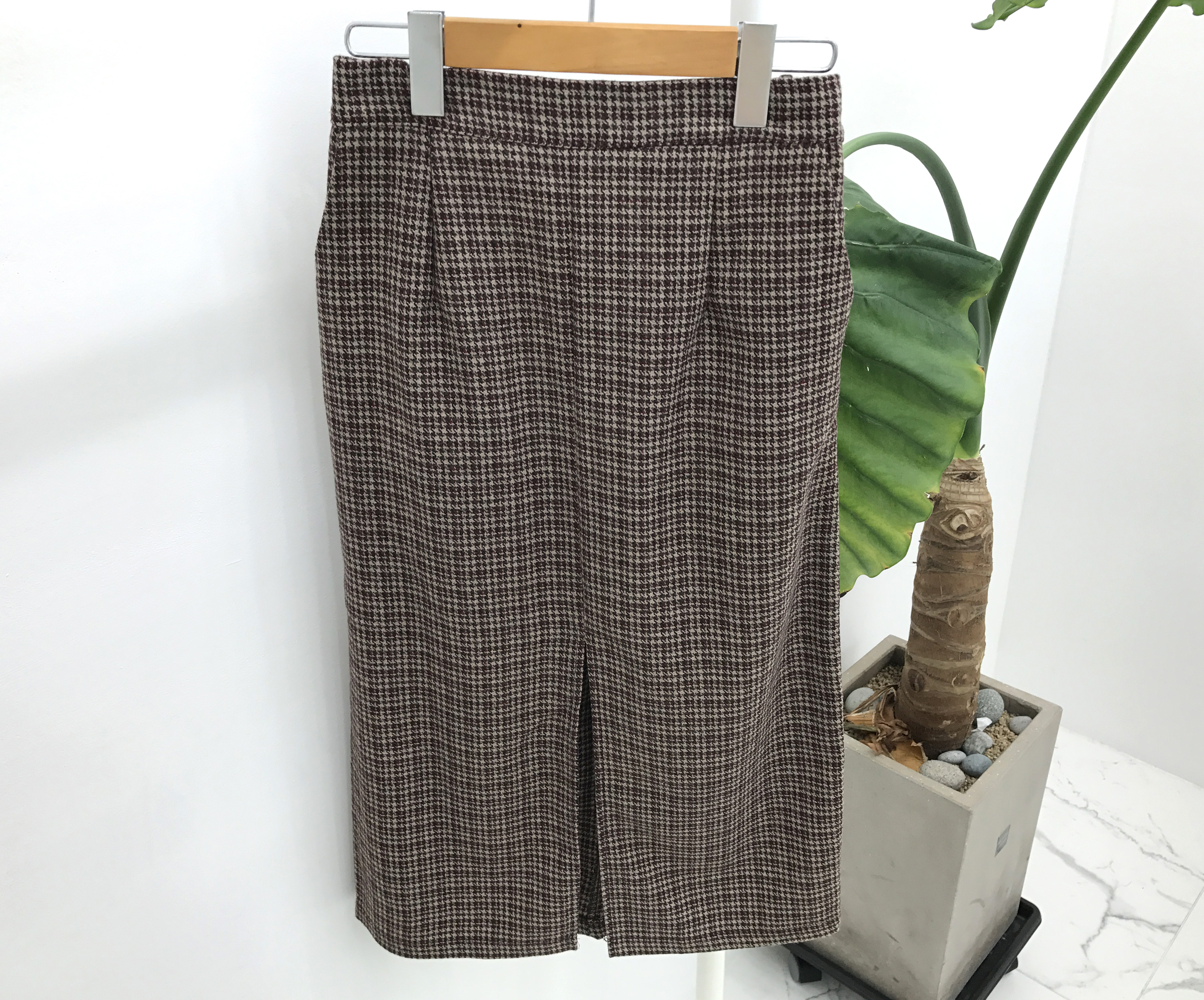 Check woolen trim skirt autumn winter long coordin