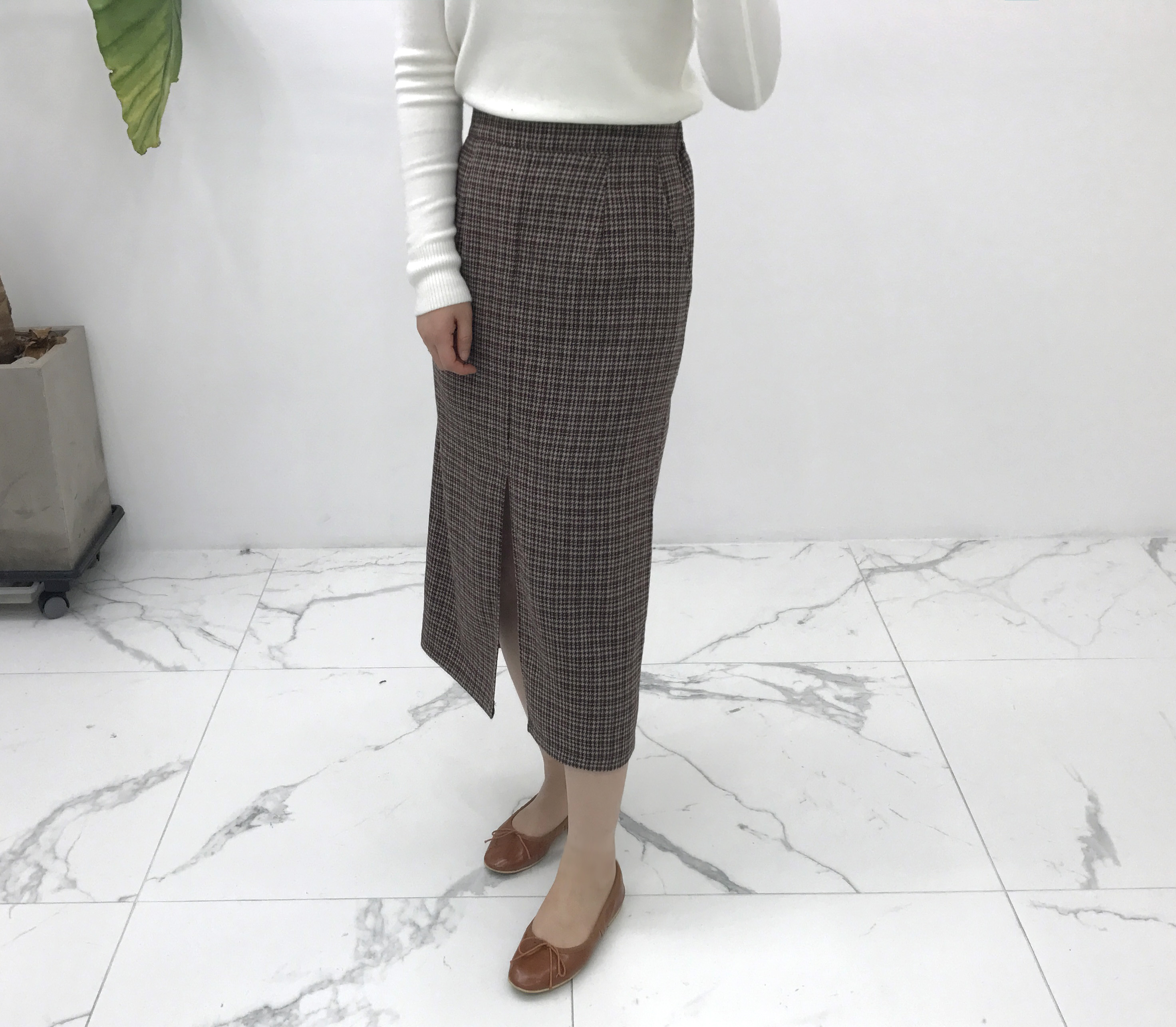 Check woolen trim skirt autumn winter long coordin