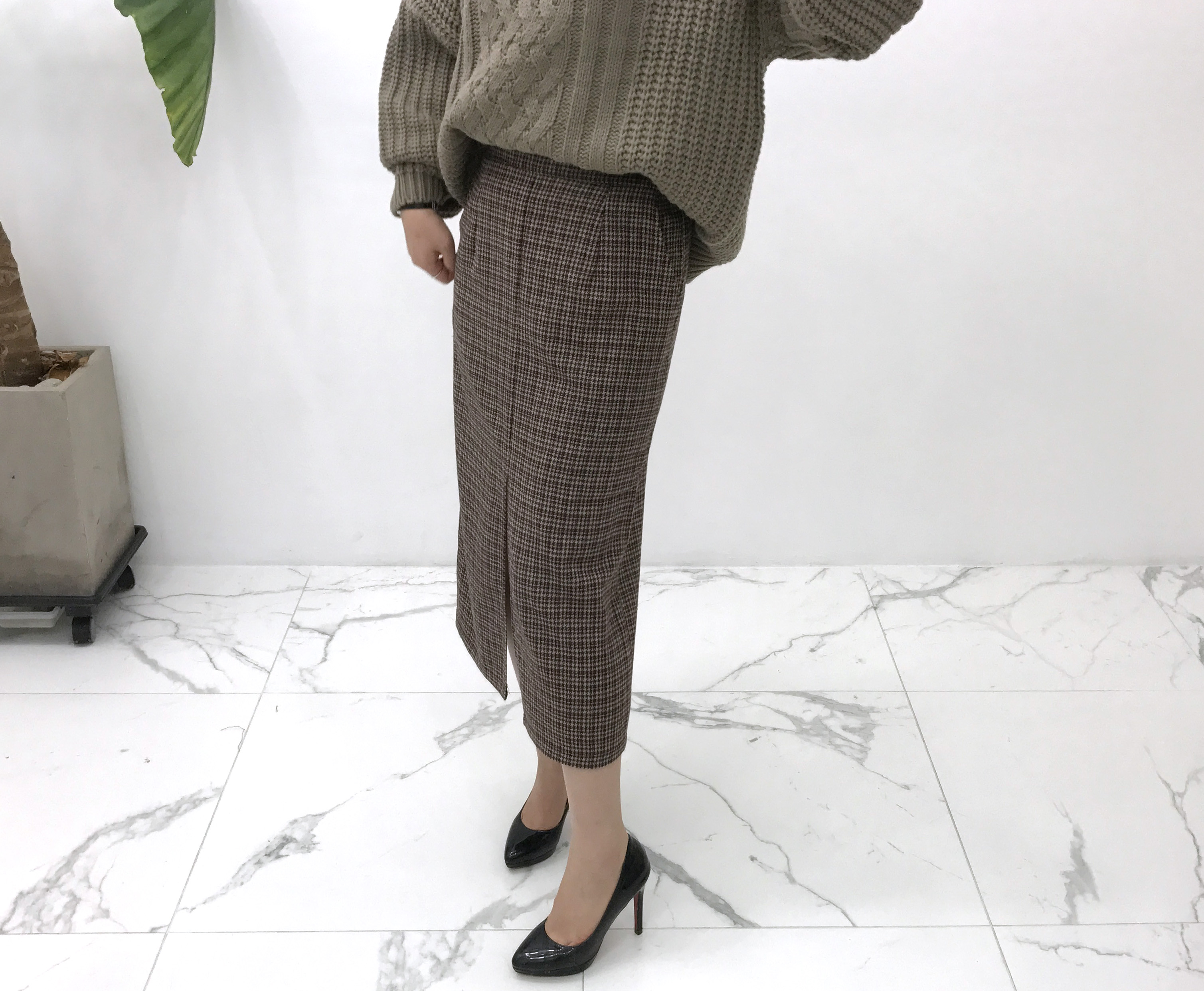 Check woolen trim skirt autumn winter long coordin