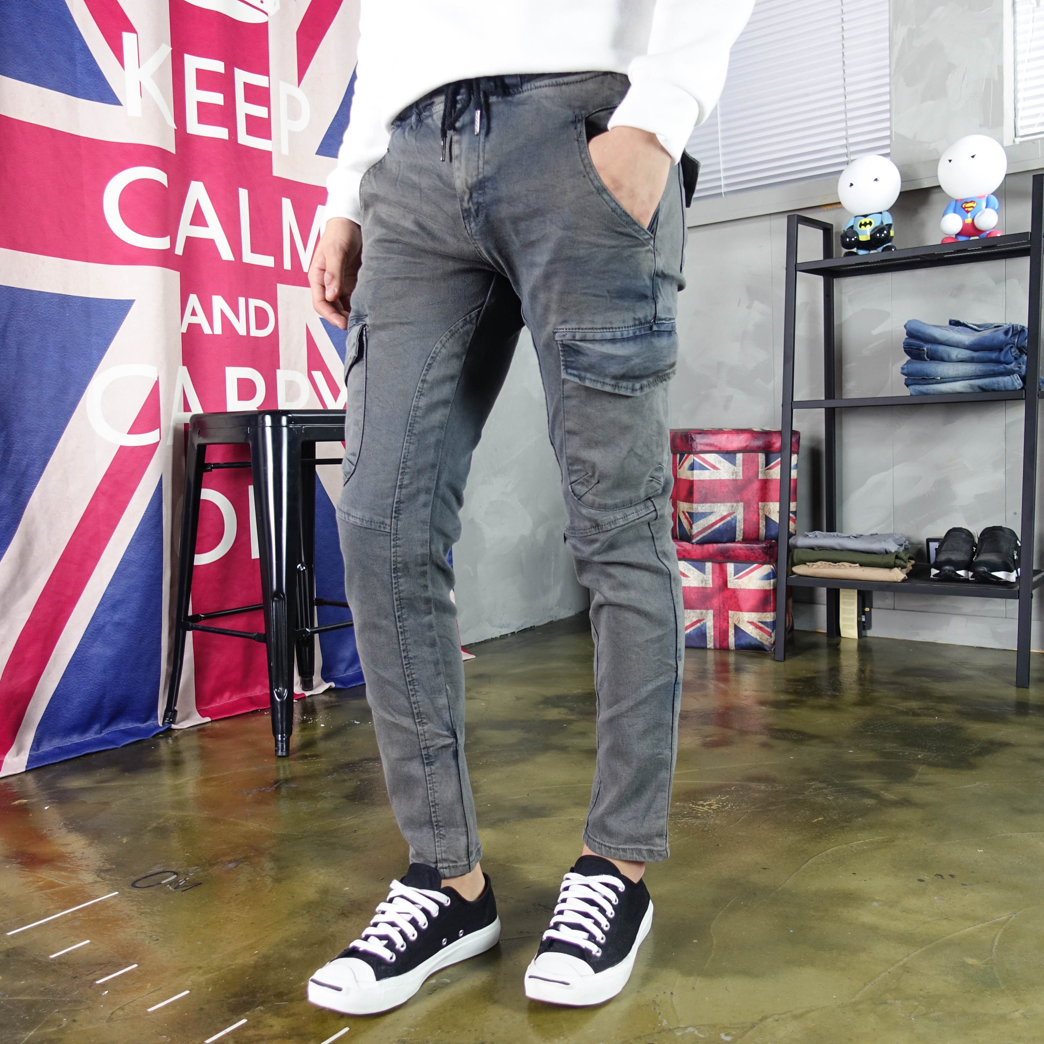 Korea Jeans Pants Wash Banding Cargo Denim Pants V