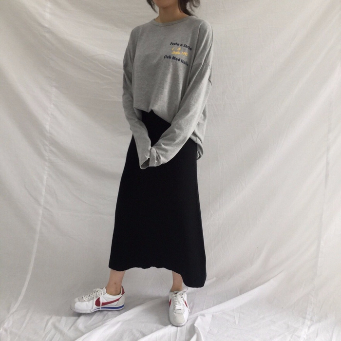 Winter a line knit skirt banding Long Beige Long B