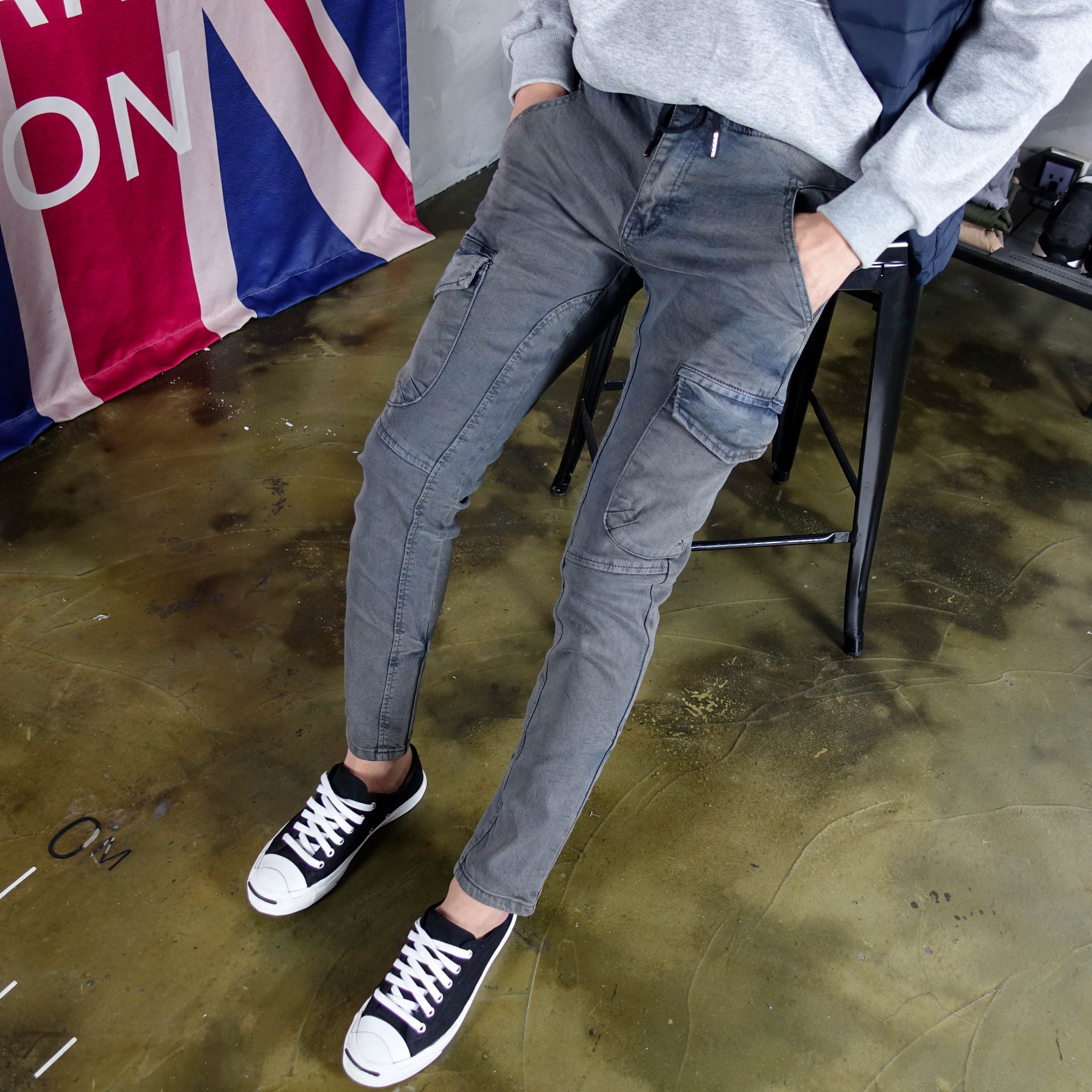 Korea Jeans Pants Wash Banding Cargo Denim Pants V