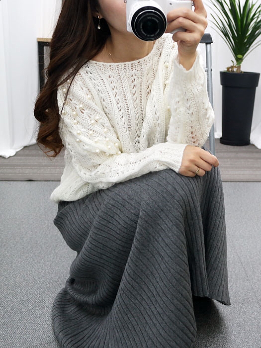 Flare Banding Knit Skirt Wrinkle Unlined Long Skir