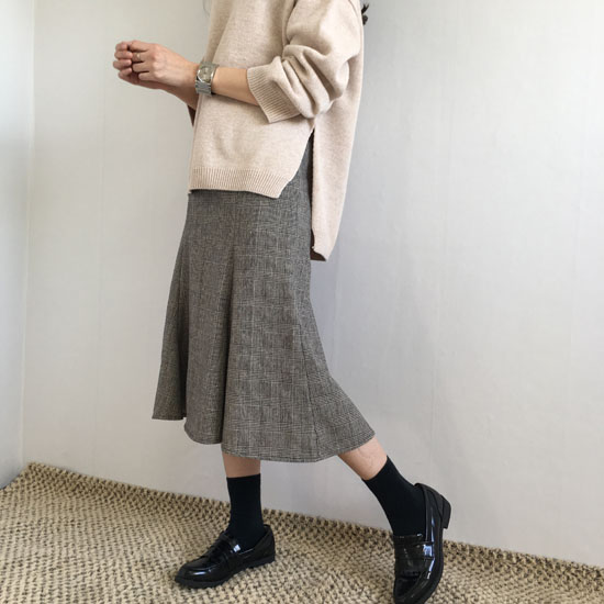 Wool blend check flare long skirt 2 color autumn w