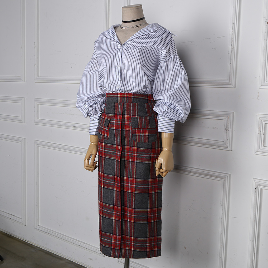 Winter wool check high waist long trunk pocket ski