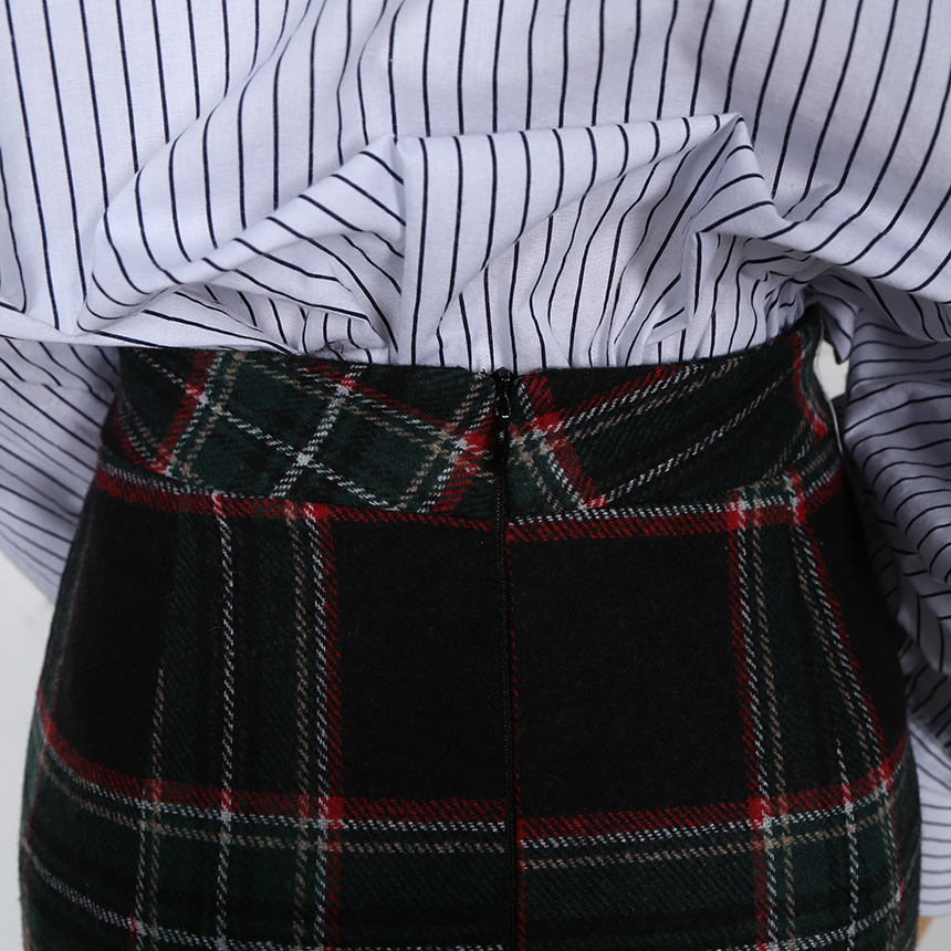 Winter wool check high waist long trunk pocket ski
