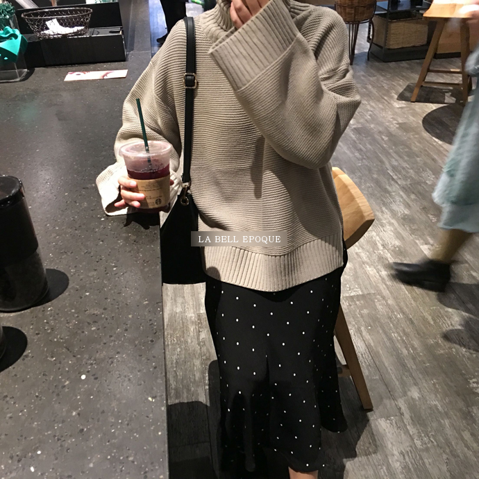 Black dot dot polka dots A line long flared skirt