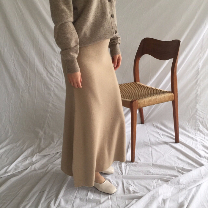 Winter a line knit skirt banding Long Beige Long B
