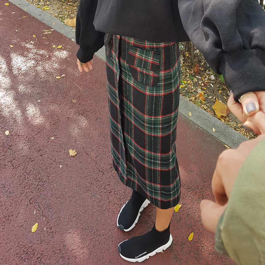 Winter wool check high waist long trunk pocket ski
