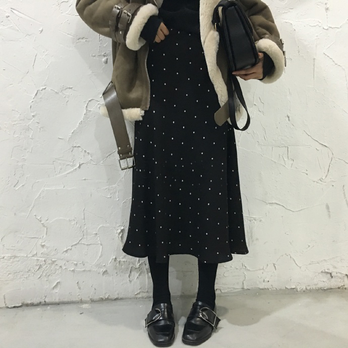 Black dot dot polka dots A line long flared skirt