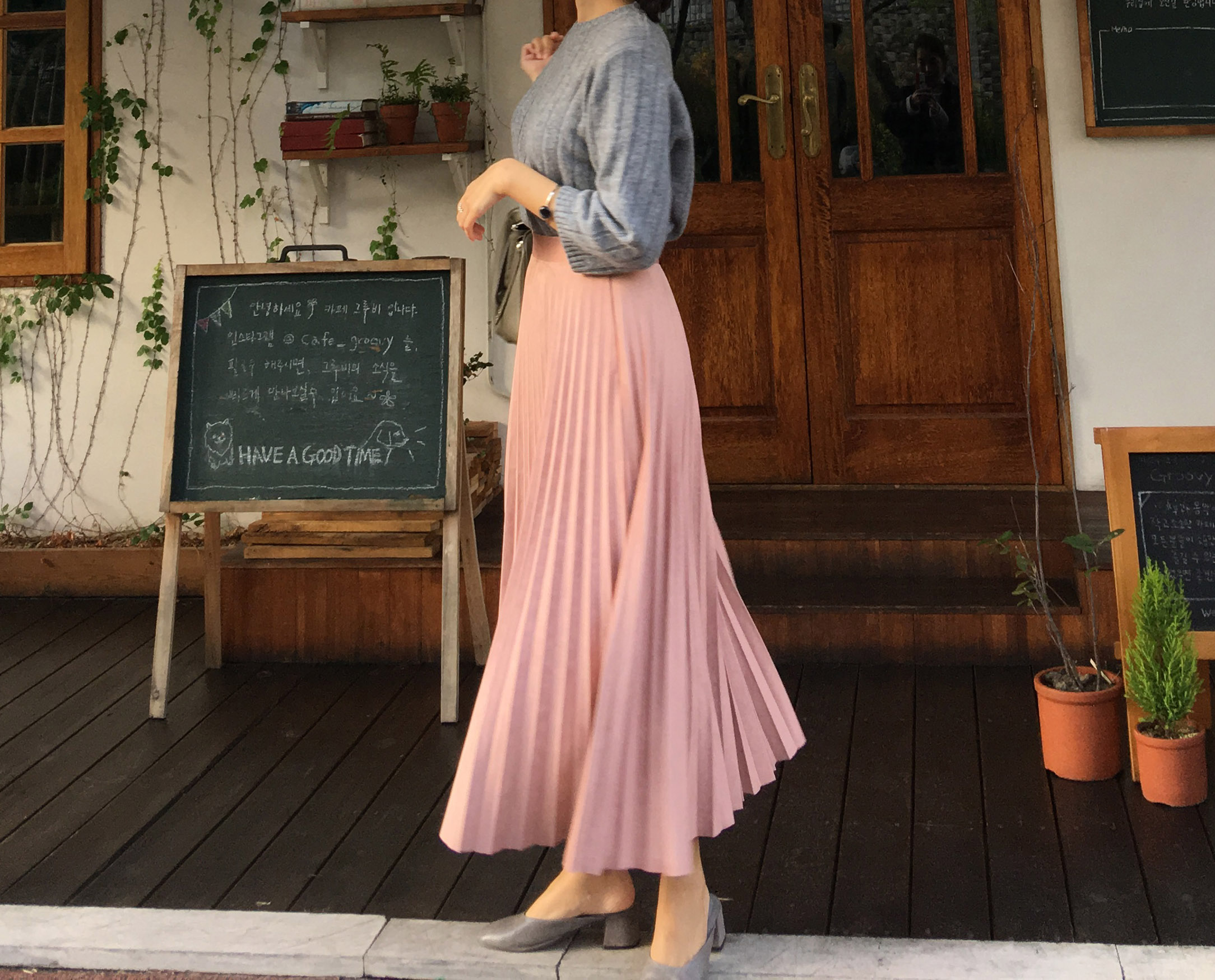 Suede pleated skirt pink, khaki brown, black long 