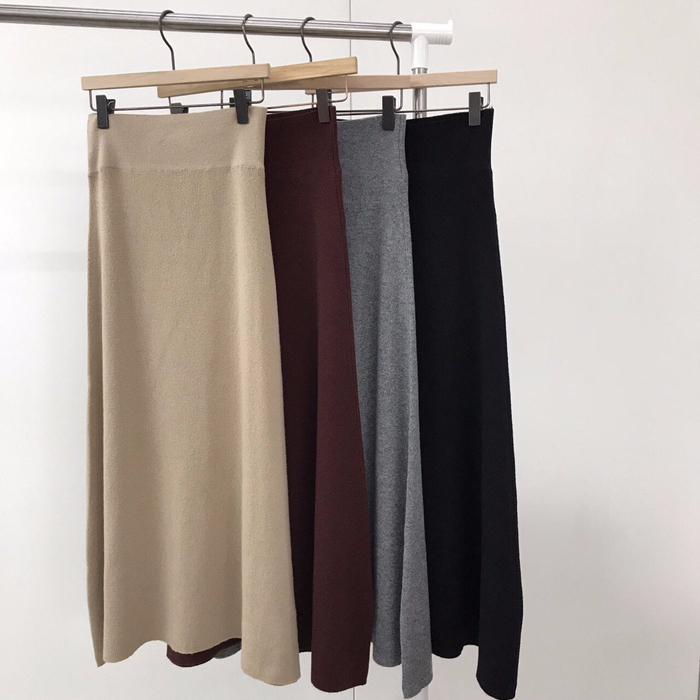 Winter a line knit skirt banding Long Beige Long B