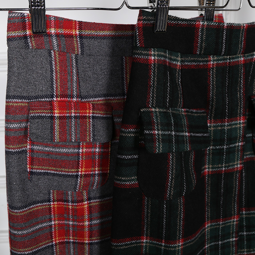 Winter wool check high waist long trunk pocket ski