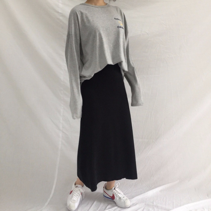 Winter a line knit skirt banding Long Beige Long B