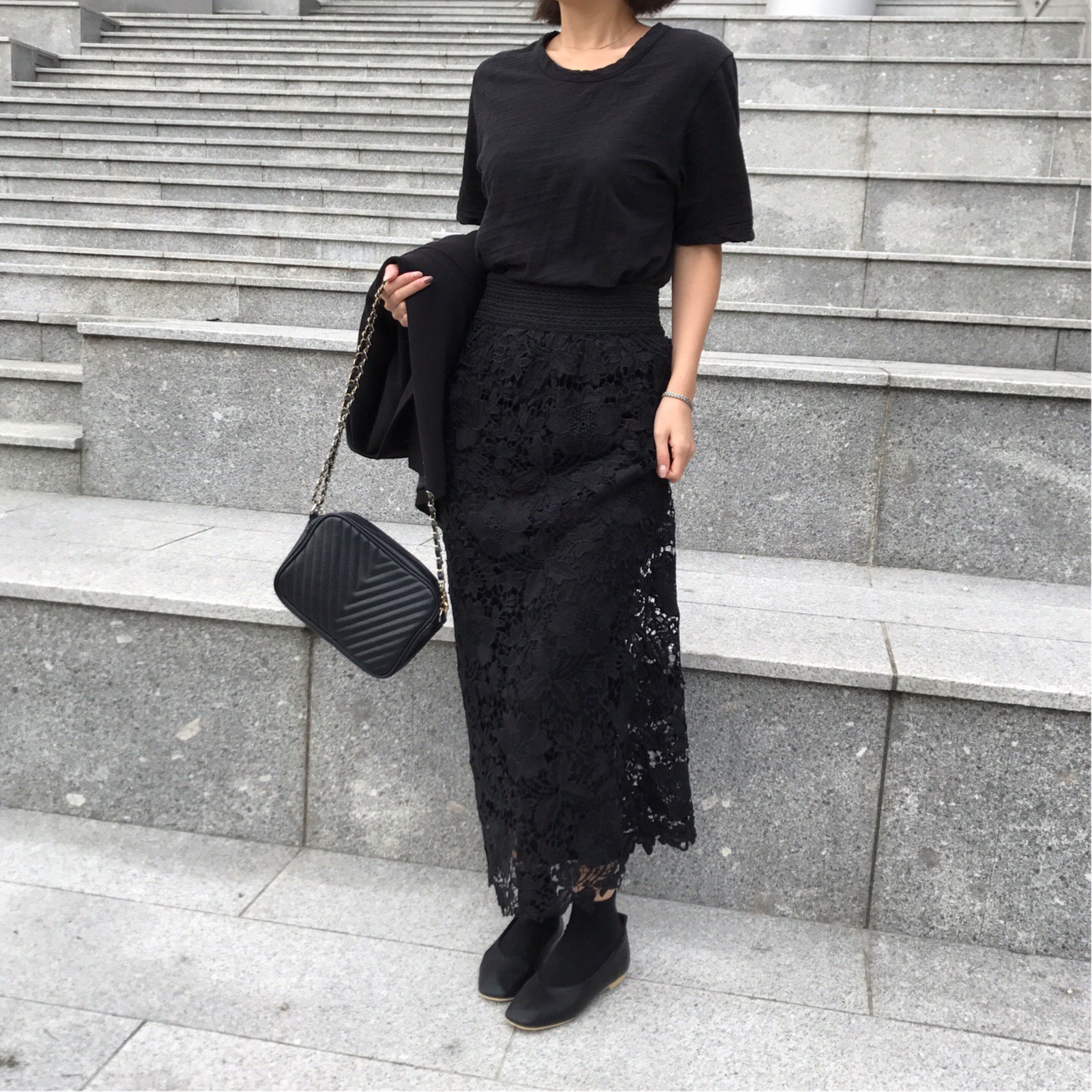 H line punching embroidery lace waist banding skir