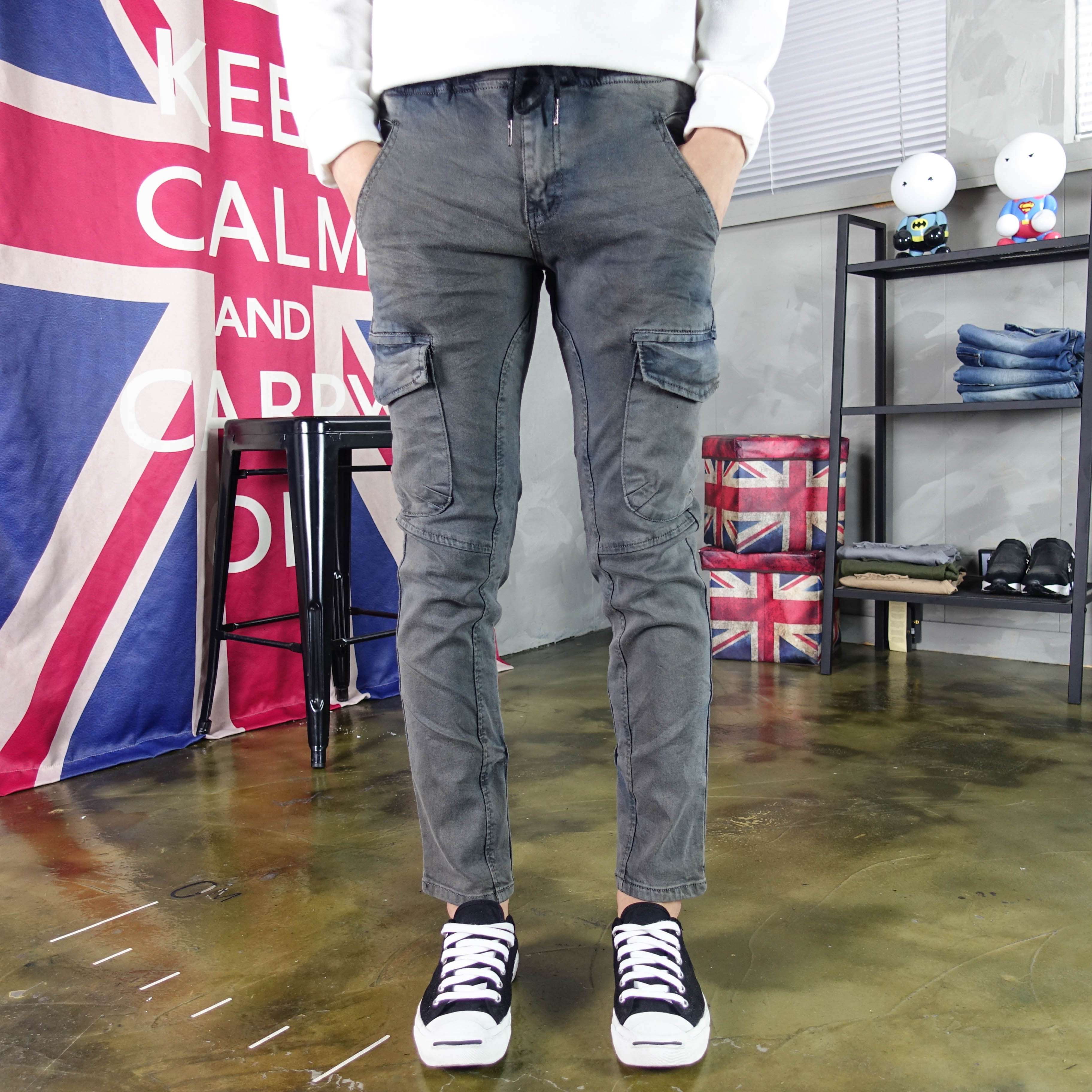 Korea Jeans Pants Wash Banding Cargo Denim Pants V