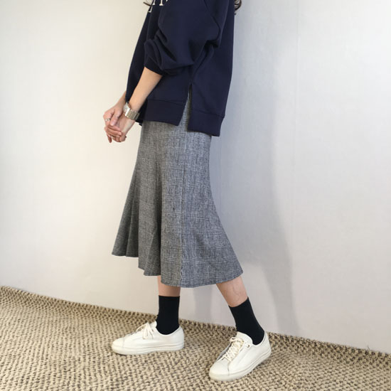 Wool blend check flare long skirt 2 color autumn w