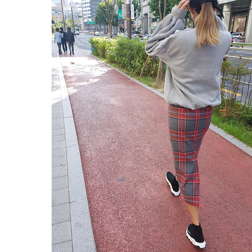 Winter wool check high waist long trunk pocket ski